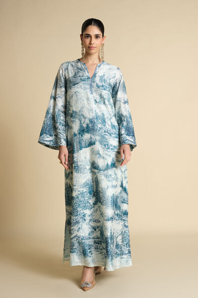 Shahma Printed Silk Kaftan - Powder Blue